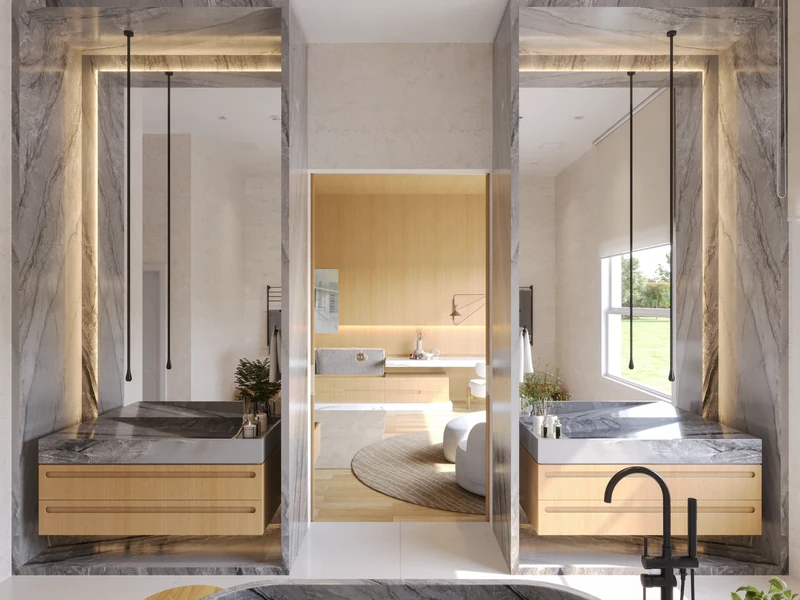 Bathroom project visualization · Floating wood vanities and framed mirrors.