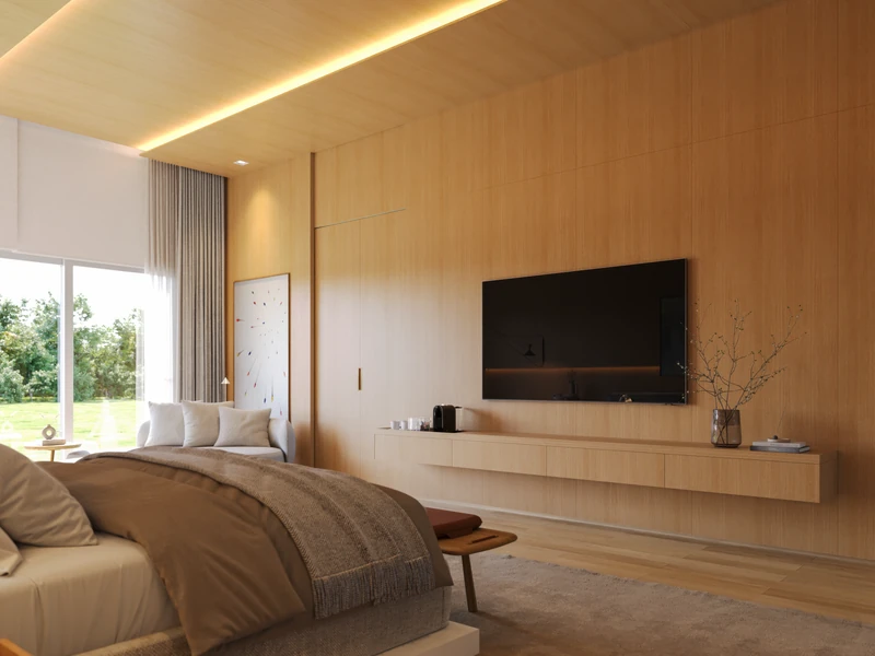 Bedroom project visualization with continuous wood paneling, integrated lighting, and a floating media unit