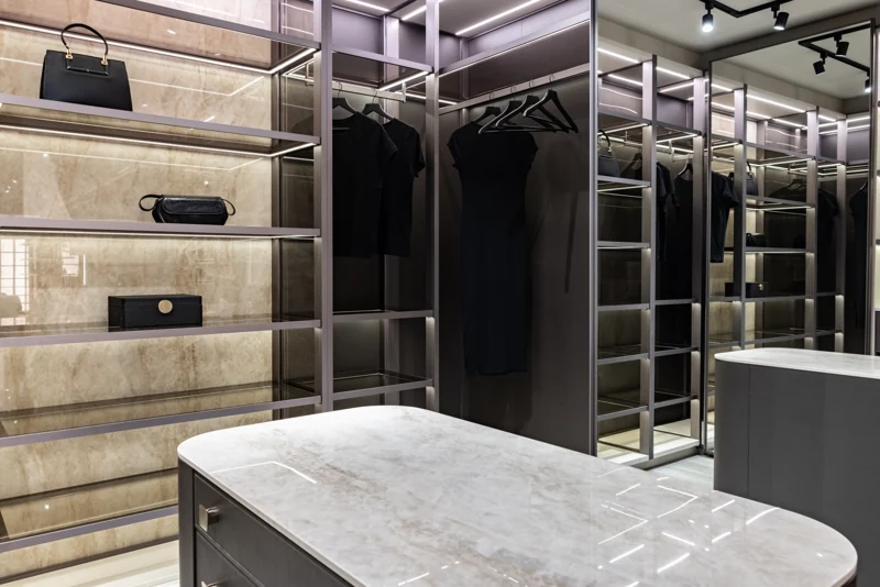 Illuminated shelving and thoughtfully arranged storage
