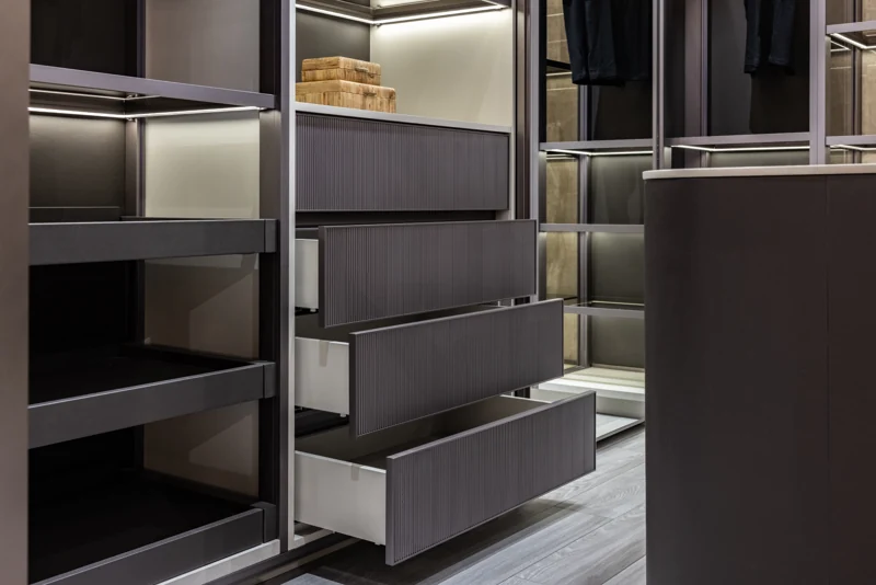 Open drawers and closet shelving · Orlando showroom