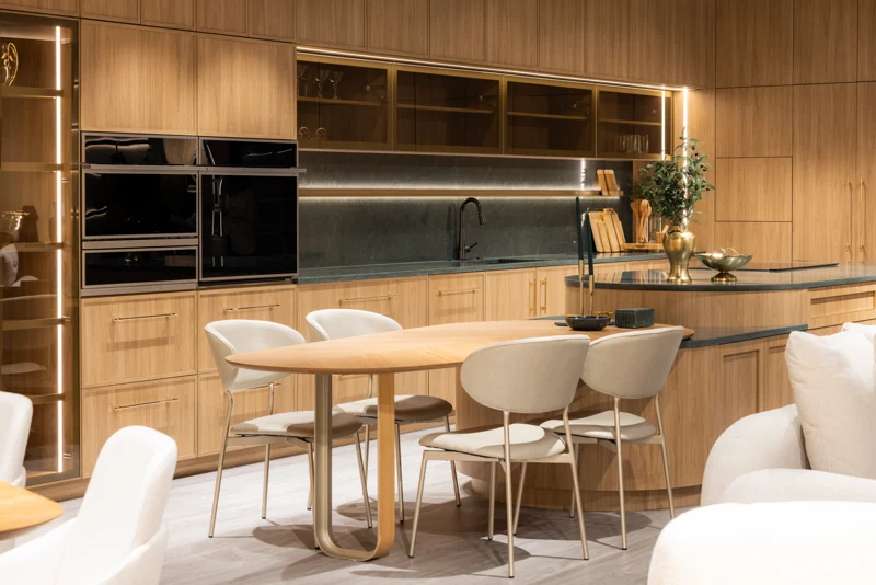 Wood cabinetry and integrated storage in the Hommes Orlando showroom