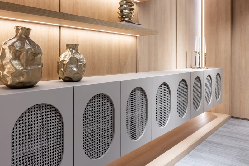 Curved woven cabinet inserts · Orlando showroom